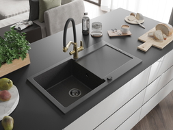 Mexen Leo granite sink 1-bowl with drainer and Duo kitchen faucet, black speckled - 6501-76-671701-57-B