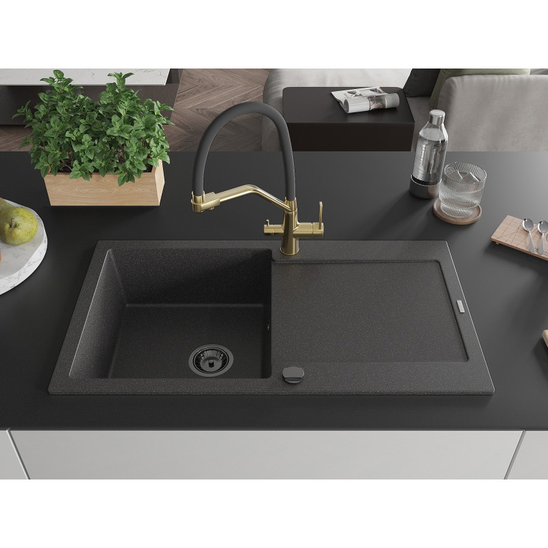 Mexen Leo 1-Bowl Granite Sink with Drainer and Duo Kitchen Faucet, Speckled Black - 6501-76-671701-57-B