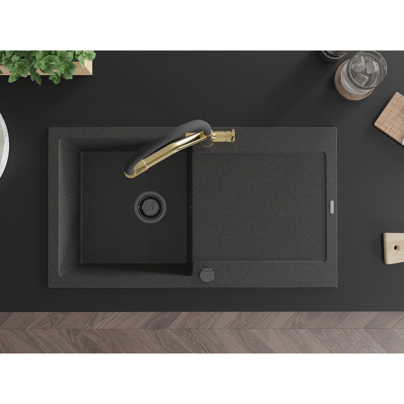 Mexen Leo 1-Bowl Granite Sink with Drainer and Duo Kitchen Faucet, Speckled Black - 6501-76-671701-57-B