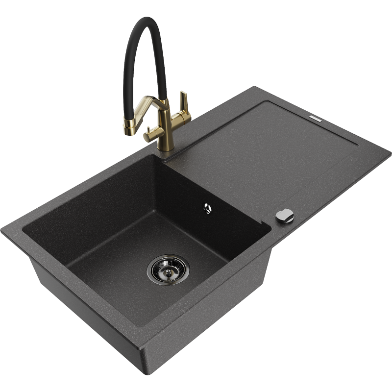Mexen Leo 1-compartment granite sink with a drip tray and kitchen mixer tap Duo, spotted black - 6501-76-671701-57-B