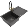 Mexen Leo 1-Bowl Granite Sink with Drainer and Duo Kitchen Faucet, Speckled Black - 6501-76-671701-57-B
