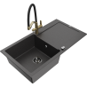 Mexen Leo granite sink 1-bowl with drainer and Duo kitchen faucet, black speckled - 6501-76-671701-57-B