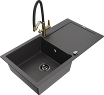 Mexen Leo 1-compartment granite sink with a drip tray and kitchen mixer tap Duo, spotted black - 6501-76-671701-57-B