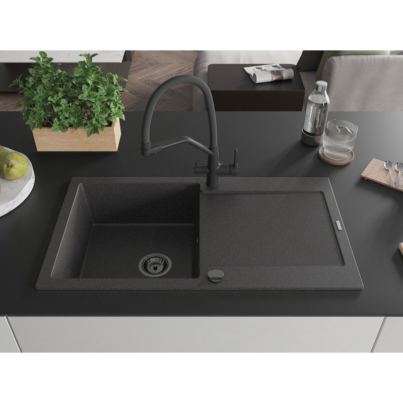 Mexen Leo 1-bowl granite sink with drainer and Duo kitchen tap, speckled black - 6501-76-671701-70-B
