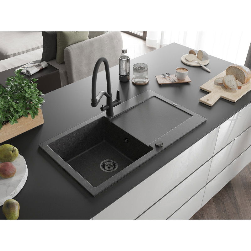 Mexen Leo 1-bowl granite sink with drainer and Duo kitchen tap, speckled black - 6501-76-671701-70-B