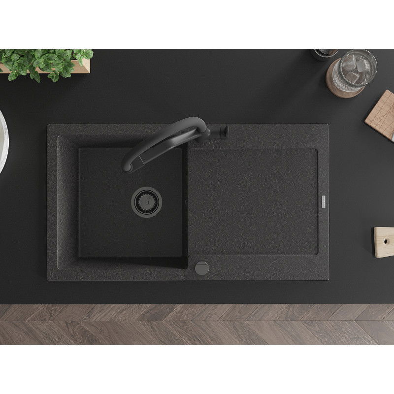 Mexen Leo 1-bowl granite sink with drainer and Duo kitchen tap, speckled black - 6501-76-671701-70-B