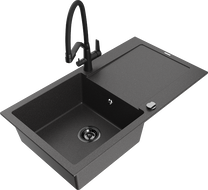 Mexen Leo 1-bowl granite sink with drainer and Duo kitchen tap, speckled black - 6501-76-671701-70-B