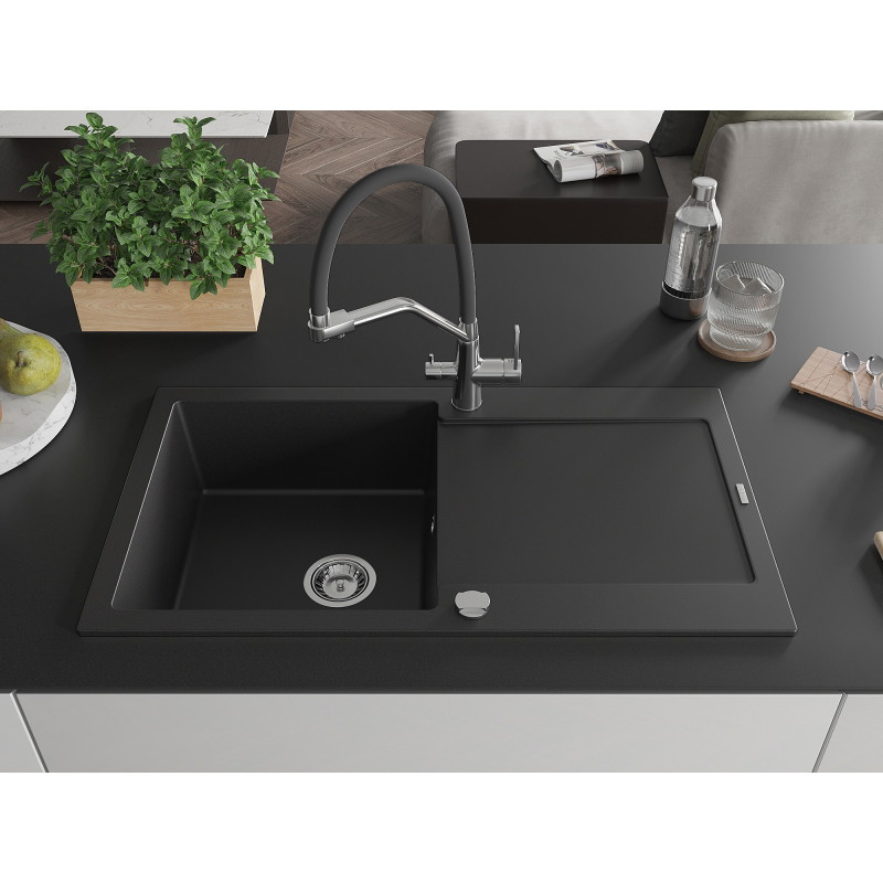Mexen Leo 1-bowl granite sink with drainer and Duo kitchen faucet, black - 6501-77-671701-07