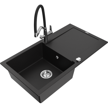 Mexen Leo granit sink 1-bowl with drainer and Duo kitchen faucet, black - 6501-77-671701-07