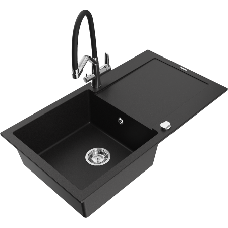 Mexen Leo granite sink 1-bowl with drainer and Duo kitchen tap, black - 6501-77-671701-07