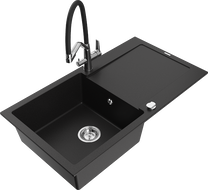 Mexen Leo granit sink 1-bowl with drainer and Duo kitchen faucet, black - 6501-77-671701-07
