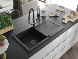 Mexen Leo granite single-bowl sink with drainer and Duo kitchen faucet, black - 6501-77-671701-07-B