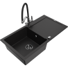 Mexen Leo 1-bowl granite sink with drainer and Duo kitchen faucet, black - 6501-77-671701-07-B