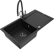 Mexen Leo granite single-bowl sink with drainer and Duo kitchen faucet, black - 6501-77-671701-07-B
