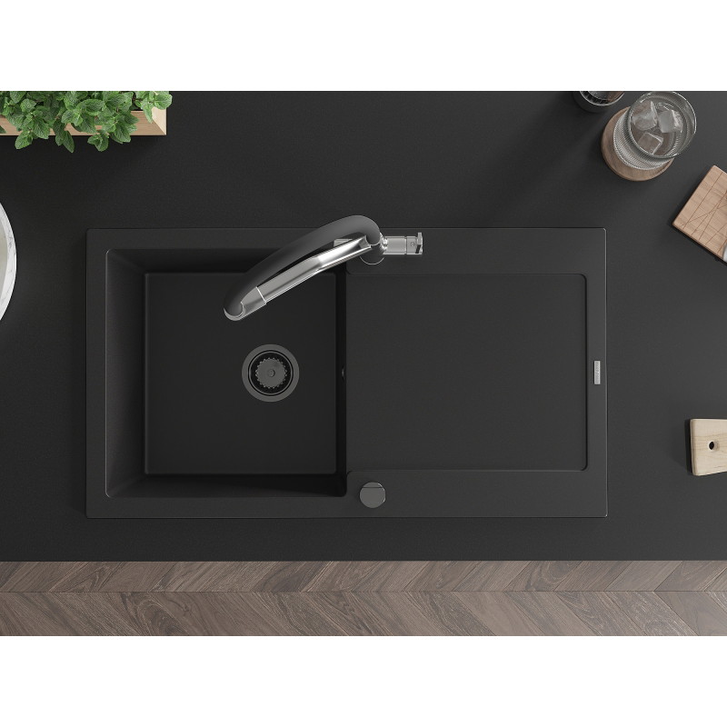Mexen Leo 1-bowl granite sink with drainer and Duo kitchen faucet, black - 6501-77-671701-07-B