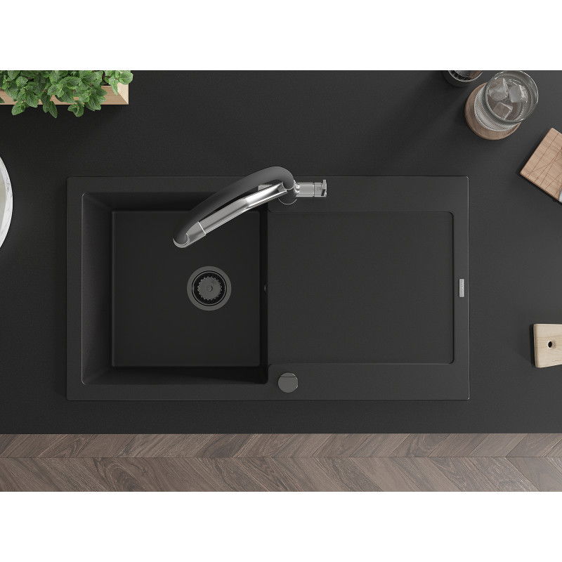 Mexen Leo granite sink 1-bowl with drainer and Duo kitchen tap, black - 6501-77-671701-07-B