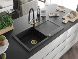 Mexen Leo 1-bowl granite sink with drainer and Duo kitchen faucet, black - 6501-77-671701-57-G