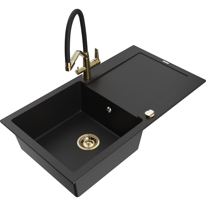 Mexen Leo 1-compartment granite sink with a drip tray and kitchen mixer tap Duo, Black - 6501-77-671701-57-G