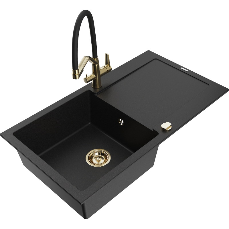 Mexen Leo granite sink 1-bowl with drainer and kitchen faucet Duo, black - 6501-77-671701-57-G