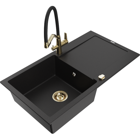 Mexen Leo granite sink 1-bowl with drainer and kitchen faucet Duo, black - 6501-77-671701-57-G