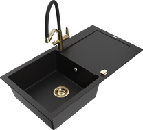 Mexen Leo 1-bowl granite sink with drainer and Duo kitchen faucet, black - 6501-77-671701-57-G