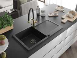Mexen Leo granite kitchen sink 1-bowl with drainer and kitchen faucet Duo, black - 6501-77-671701-57-B