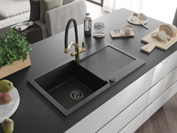 Mexen Leo granite kitchen sink 1-bowl with drainer and kitchen faucet Duo, black - 6501-77-671701-57-B