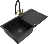 Mexen Leo granite kitchen sink 1-bowl with drainer and kitchen faucet Duo, black - 6501-77-671701-57-B