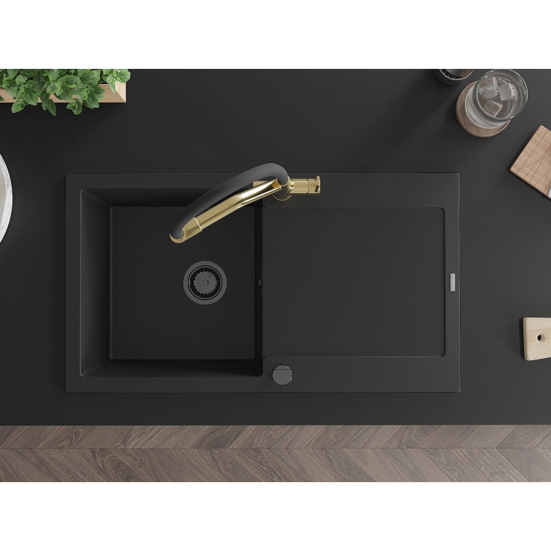 Mexen Leo granite kitchen sink 1-bowl with drainer and Duo faucet, black - 6501-77-671701-57-B
