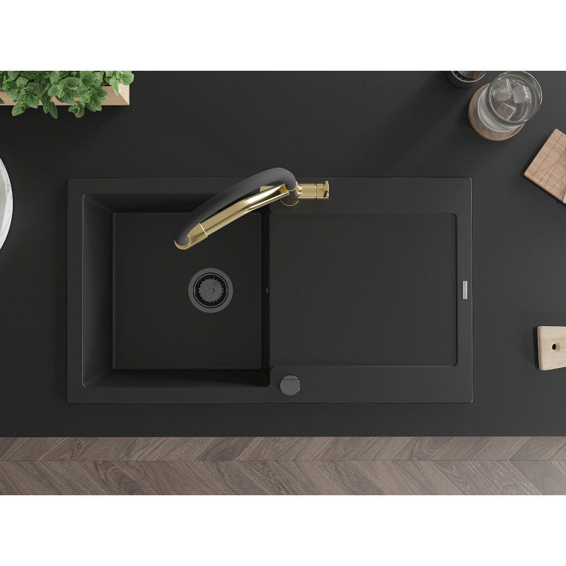 Mexen Leo granite sink with a single bowl, drainer, and Duo kitchen tap, black - 6501-77-671701-57-B