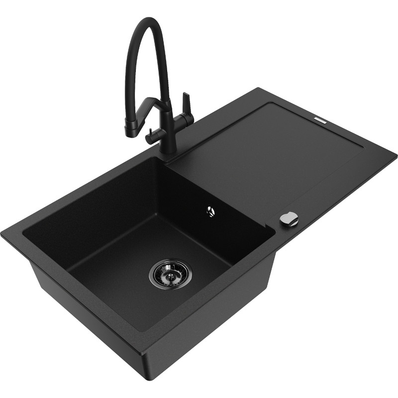Mexen Leo granite kitchen sink, 1-bowl with drainer and Duo kitchen faucet, black - 6501-77-671701-70-B