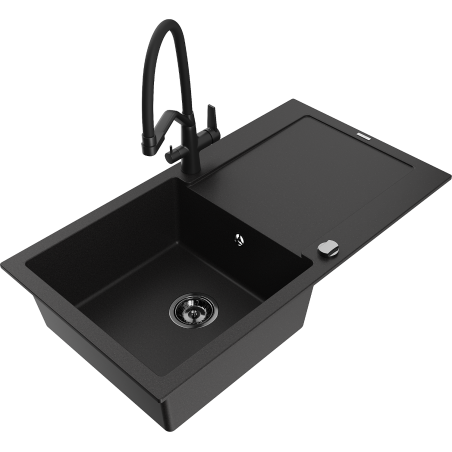 Mexen Leo 1-Bowl Granite Sink with Drainer and Duo Kitchen Tap, Black - 6501-77-671701-70-B