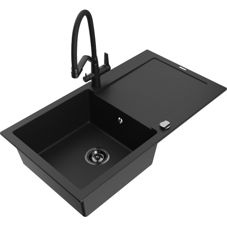 Mexen Leo 1-compartment granite sink with a drip tray and kitchen mixer tap Duo, Black - 6501-77-671701-70-B