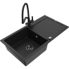 Mexen Leo granite kitchen sink 1-bowl with drainer and Duo faucet, black - 6501-77-671701-70-B