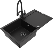 Mexen Leo granite kitchen sink 1-bowl with drainer and Duo faucet, black - 6501-77-671701-70-B