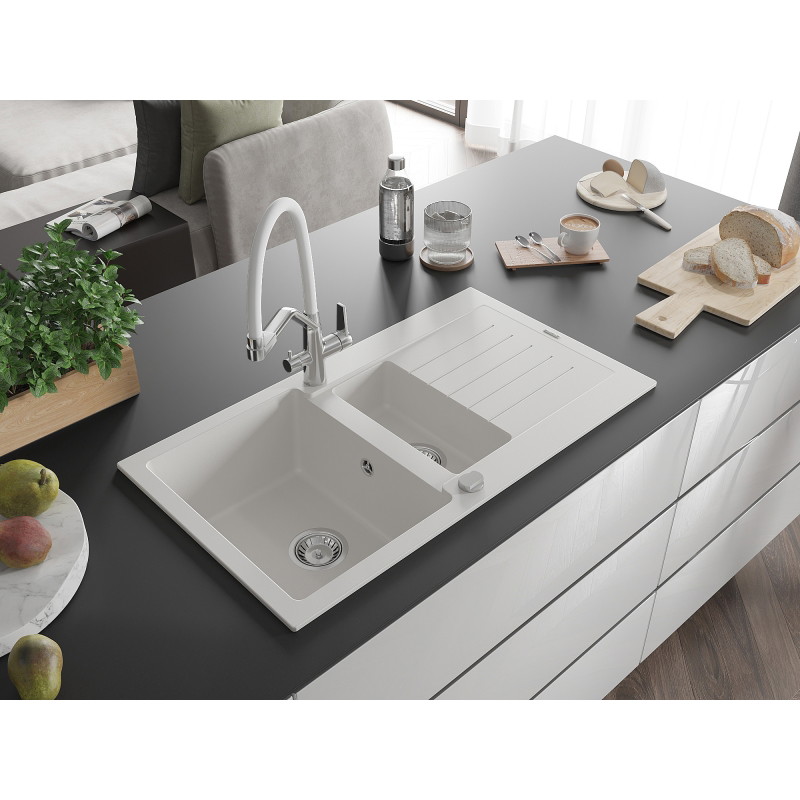 Mexen Matias granite sink 1.5-bowl with drainer and Duo kitchen faucet, white - 6502-20-671701-02