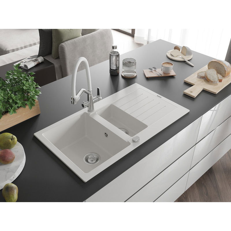 Mexen Matias granite sink 1.5-bowl with drainer and Duo kitchen tap, white - 6502-20-671701-02