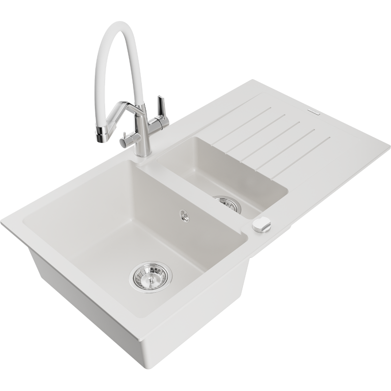 Mexen Matias 1.5-compartment granite sink with a drip tray and kitchen mixer tap Duo, White - 6502-20-671701-02