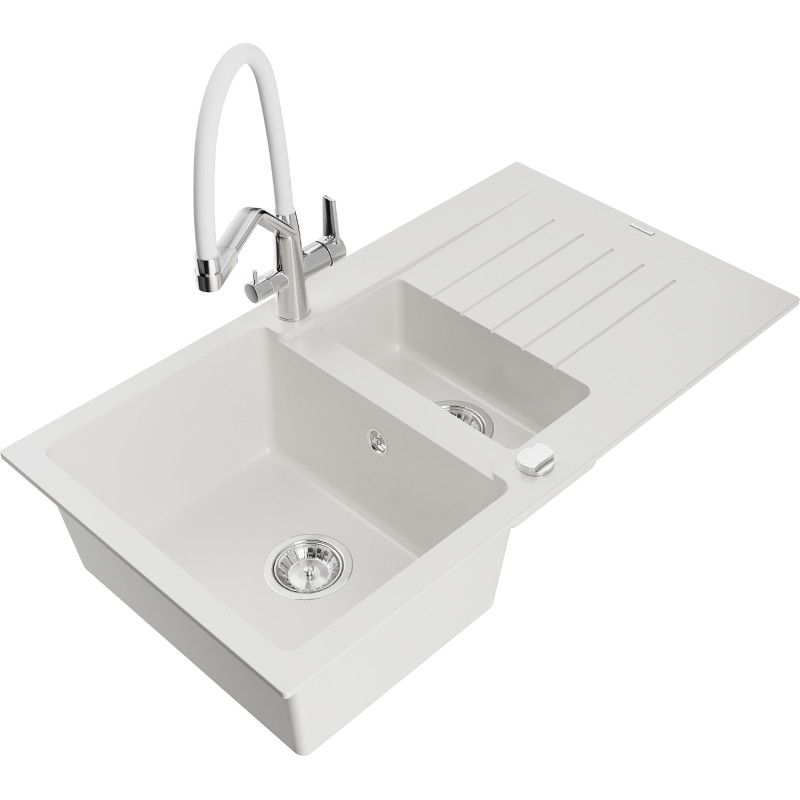 Mexen Matias granite sink 1.5-bowl with drainer and Duo kitchen faucet, white - 6502-20-671701-02