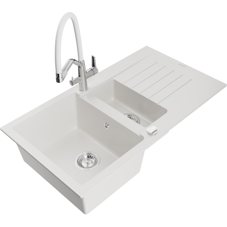 Mexen Matias 1.5-compartment granite sink with a drip tray and kitchen mixer tap Duo, White - 6502-20-671701-02
