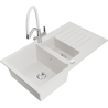Mexen Matias 1.5-compartment granite sink with a drip tray and kitchen mixer tap Duo, White - 6502-20-671701-02