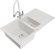 Mexen Matias granite sink 1.5-bowl with drainer and Duo kitchen faucet, white - 6502-20-671701-02