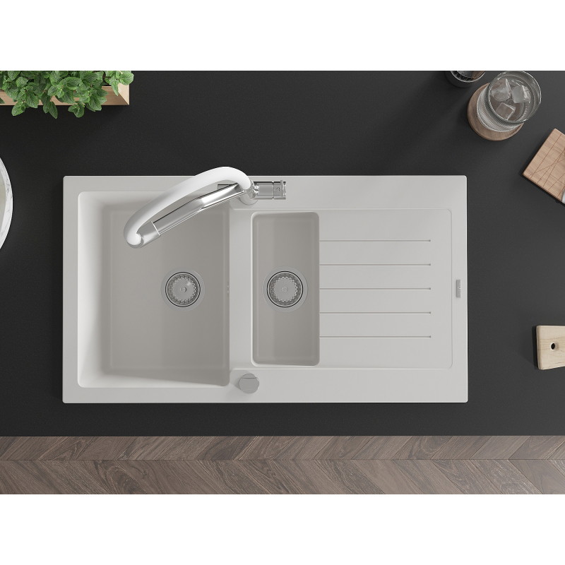 Mexen Matias granite sink 1.5-bowl with drainer and Duo kitchen faucet, white - 6502-20-671701-02
