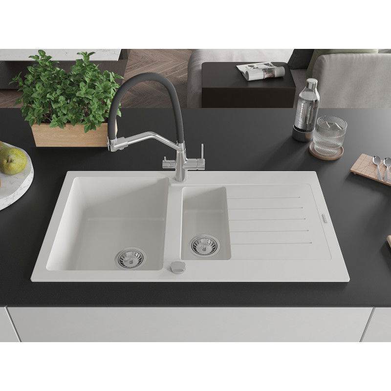 Mexen Matias granite sink 1.5-bowl with drainer and Duo kitchen tap, white - 6502-20-671701-07