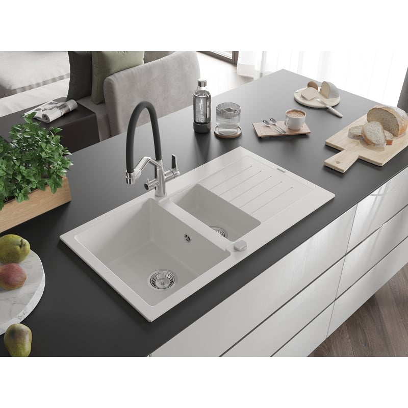Mexen Matias granite kitchen sink 1.5-bowl with drainer and Duo kitchen faucet, white - 6502-20-671701-07