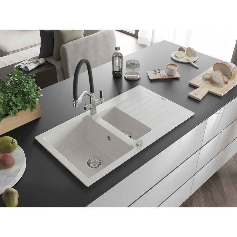 Mexen Matias granite sink 1.5-bowl with drainer and Duo kitchen tap, white - 6502-20-671701-07