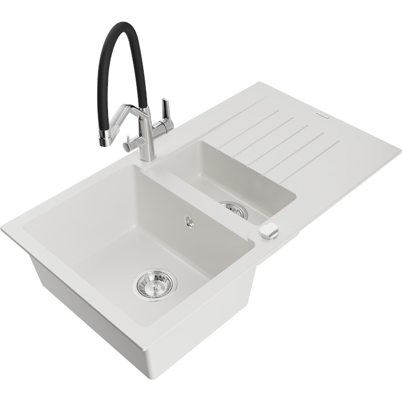 Mexen Matias 1.5-bowl granite sink with drainer and Duo kitchen faucet, white - 6502-20-671701-07