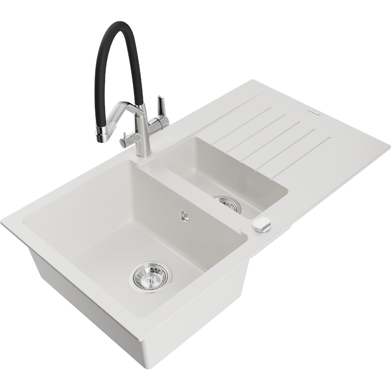 Mexen Matias 1.5-compartment granite sink with a drip tray and kitchen mixer tap Duo, White - 6502-20-671701-07