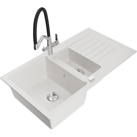 Mexen Matias 1.5-compartment granite sink with a drip tray and kitchen mixer tap Duo, White - 6502-20-671701-07