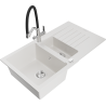 Mexen Matias 1.5-compartment granite sink with a drip tray and kitchen mixer tap Duo, White - 6502-20-671701-07